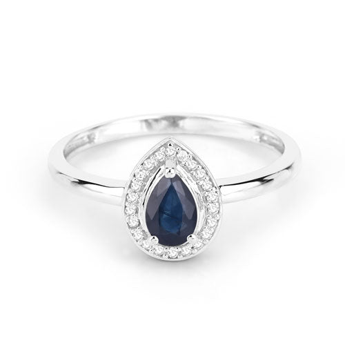 Anillo de oro blanco de 14K con zafiro azul natural de 0,48 quilates y diamantes blancos