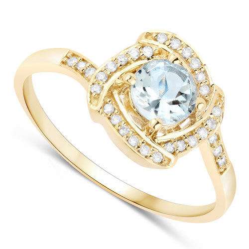 Anillo de oro amarillo de 14K con aguamarina auténtica de 0,46 quilates y diamantes blancos