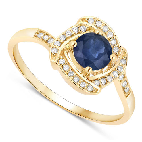 Anillo de oro amarillo de 14 quilates con zafiro azul auténtico de 0,73 quilates y diamante blanco