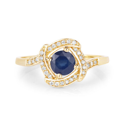 Anillo de oro amarillo de 14 quilates con zafiro azul auténtico de 0,73 quilates y diamante blanco