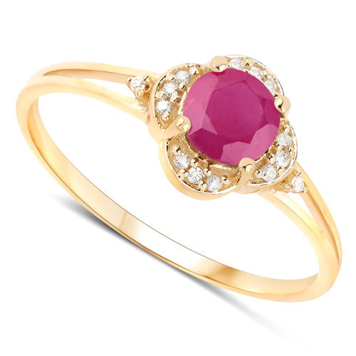Anillo de oro amarillo de 14K con rubí genuino de 0.59 quilates y diamantes blancos