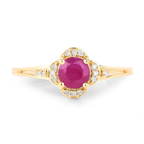 Anillo de oro amarillo de 14K con rubí genuino de 0.59 quilates y diamantes blancos