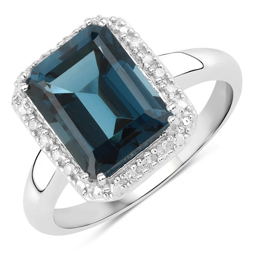 Anillo de plata de ley .925 con topacio azul de Londres y diamantes blancos de 3.86 quilates genuino