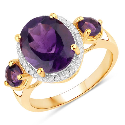 Кольцо из стерлингового серебра 925 пробы с натуральным аметистом 3,82 карата и белыми бриллиантами