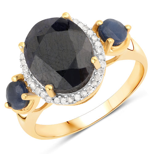 Anillo de plata de ley .925 con zafiro teñido de 5.13 quilates, zafiro azul y diamantes blancos