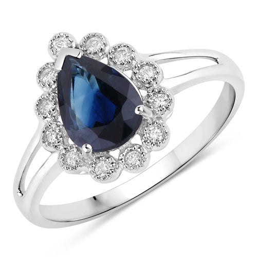 Anillo de oro blanco de 10 quilates con zafiro azul genuino de 1,46 quilates y diamantes blancos