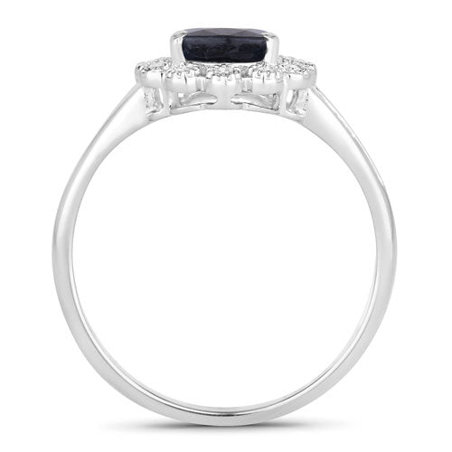 Anillo de oro blanco de 10 quilates con zafiro azul genuino de 1,46 quilates y diamantes blancos