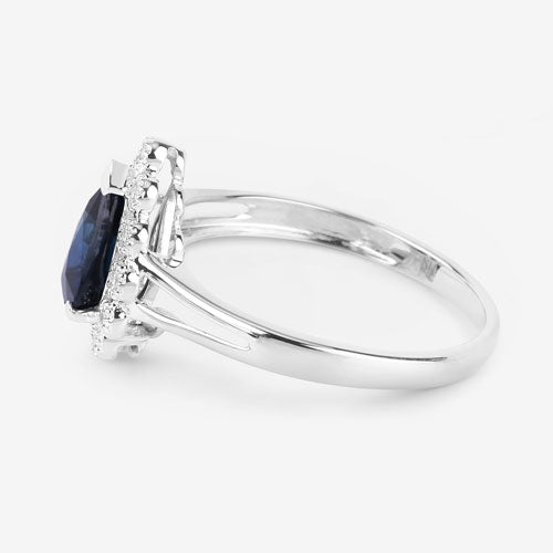 Anillo de oro blanco de 14K con zafiro azul genuino de 1.46 quilates y diamantes blancos