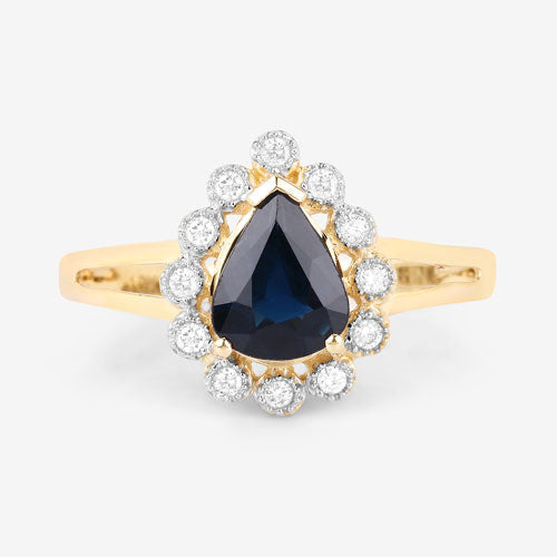 Anillo de oro amarillo de 10 quilates con zafiro azul genuino de 1.46 quilates y diamantes blancos