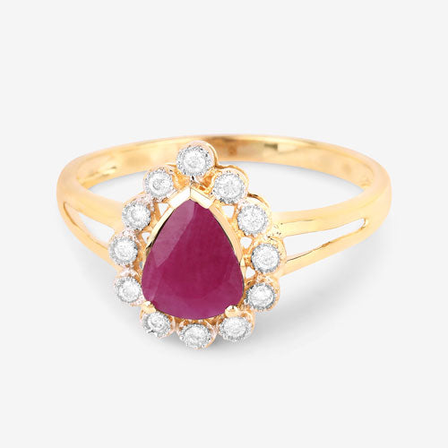 Anillo de oro amarillo de 10K con rubí genuino de 1.31 quilates y diamante blanco