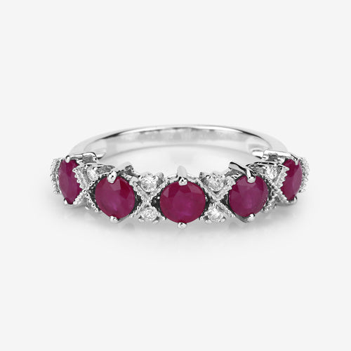 Anillo de Oro Blanco de 14K con Rubí Genuino de 1.61 Quilates y Diamantes Blancos
