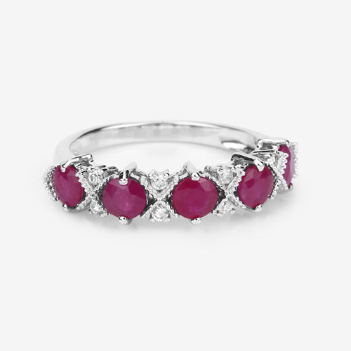 Anillo de Oro Blanco de 14K con Rubí Genuino de 1.61 Quilates y Diamantes Blancos