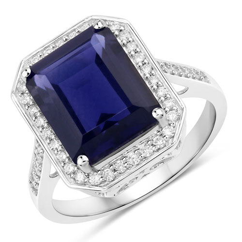 Anillo de oro blanco de 14K con iolita genuina de 3,70 quilates y diamantes blancos