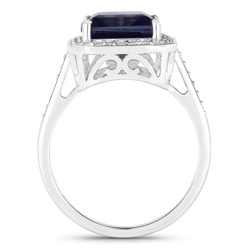 Anillo de oro blanco de 14K con iolita genuina de 3,70 quilates y diamantes blancos