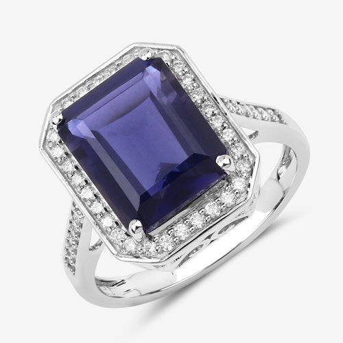 Anillo de oro blanco de 14K con iolita genuina de 3,70 quilates y diamantes blancos