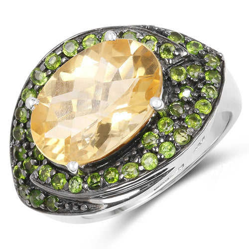 Anillo de plata de ley .925 con citrino genuino de 6,11 quilates y diópsido de cromo