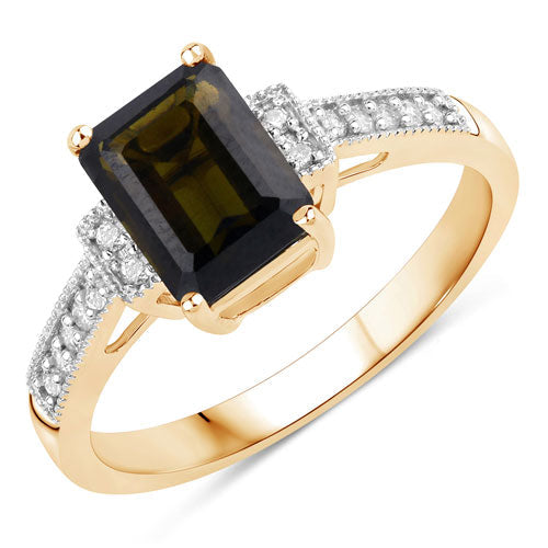 Кольцо из желтого золота 14 карат с натуральным зеленым турмалином 1,73 карата и белыми бриллиантами