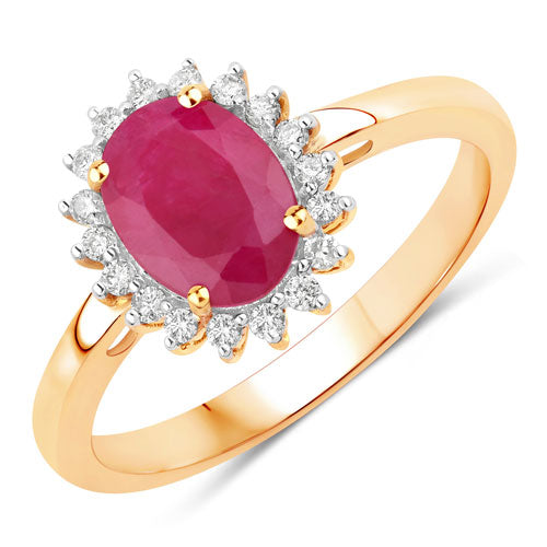 Anillo de oro amarillo de 10K con rubí genuino de 1,58 quilates y diamantes blancos