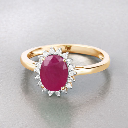 Anillo de oro amarillo de 10K con rubí genuino de 1,58 quilates y diamantes blancos