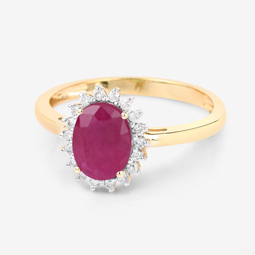 Anillo de oro amarillo de 10K con rubí genuino de 1,58 quilates y diamantes blancos