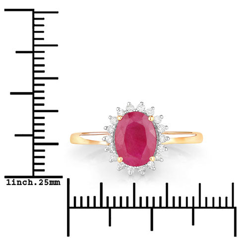 Anillo de oro amarillo de 10K con rubí genuino de 1,58 quilates y diamantes blancos