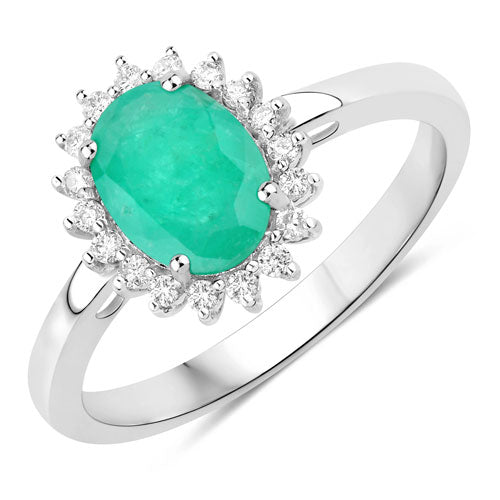 Anillo de oro blanco de 10Q con esmeralda zambiana auténtica de 1,34 quilates y diamantes blancos