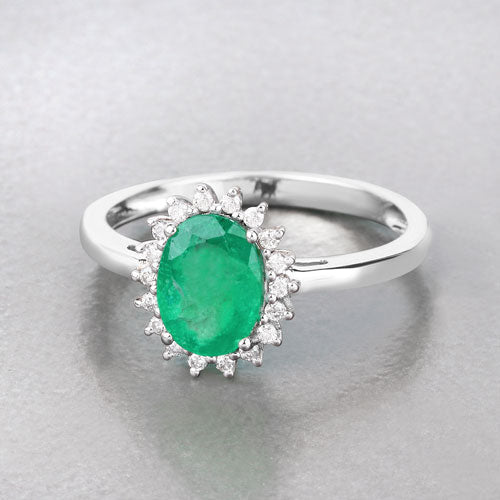 Anillo de oro blanco de 10Q con esmeralda zambiana auténtica de 1,34 quilates y diamantes blancos