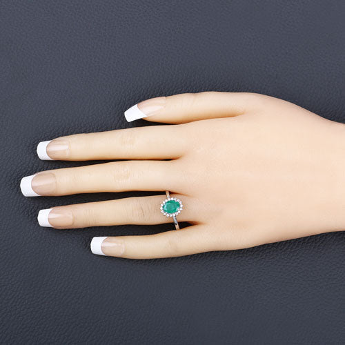 Anillo de oro blanco de 10Q con esmeralda zambiana auténtica de 1,34 quilates y diamantes blancos