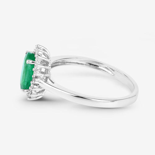 Anillo de oro blanco de 10Q con esmeralda zambiana auténtica de 1,34 quilates y diamantes blancos