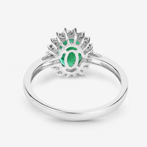 Anillo de oro blanco de 10Q con esmeralda zambiana auténtica de 1,34 quilates y diamantes blancos