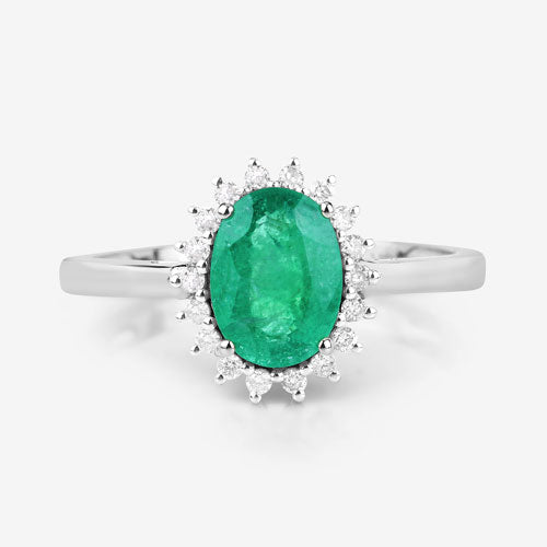 Anillo de oro blanco de 10Q con esmeralda zambiana auténtica de 1,34 quilates y diamantes blancos