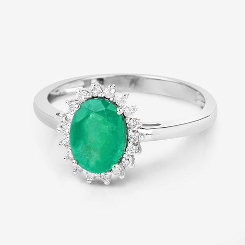 Anillo de oro blanco de 10Q con esmeralda zambiana auténtica de 1,34 quilates y diamantes blancos