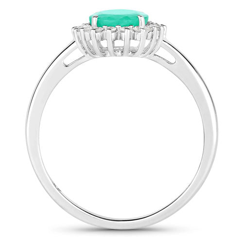 Anillo de oro blanco de 10Q con esmeralda zambiana auténtica de 1,34 quilates y diamantes blancos