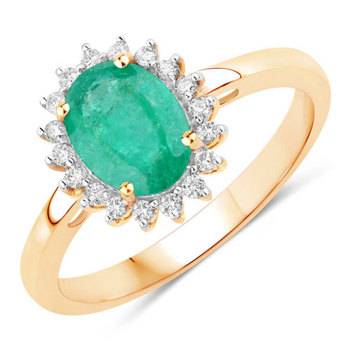 Anillo de oro amarillo de 10K con esmeralda zambiana auténtica de 1.34 quilates y diamante blanco