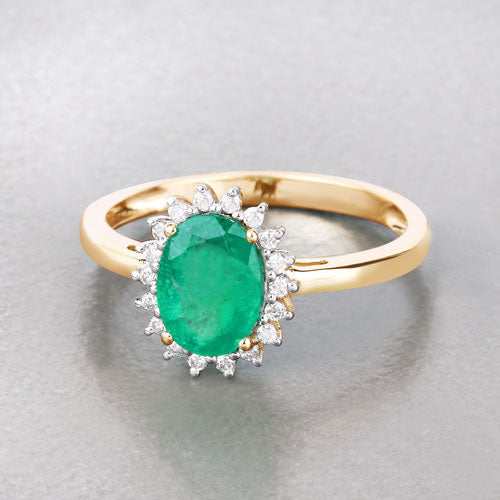 Anillo de oro amarillo de 10K con esmeralda zambiana auténtica de 1.34 quilates y diamante blanco