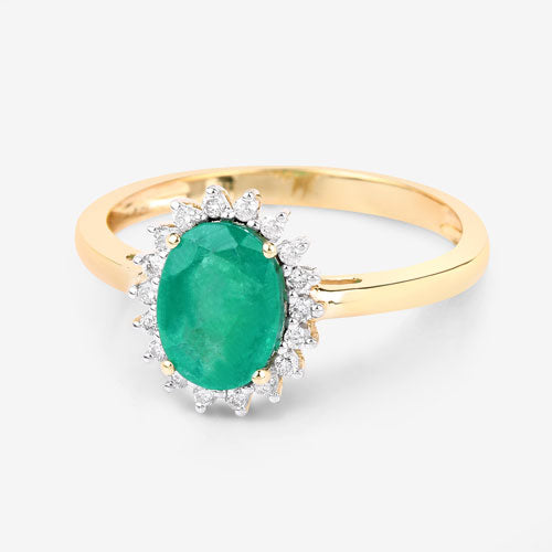 Anillo de oro amarillo de 10K con esmeralda zambiana auténtica de 1.34 quilates y diamante blanco