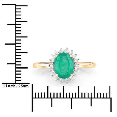 Anillo de oro amarillo de 10K con esmeralda zambiana auténtica de 1.34 quilates y diamante blanco