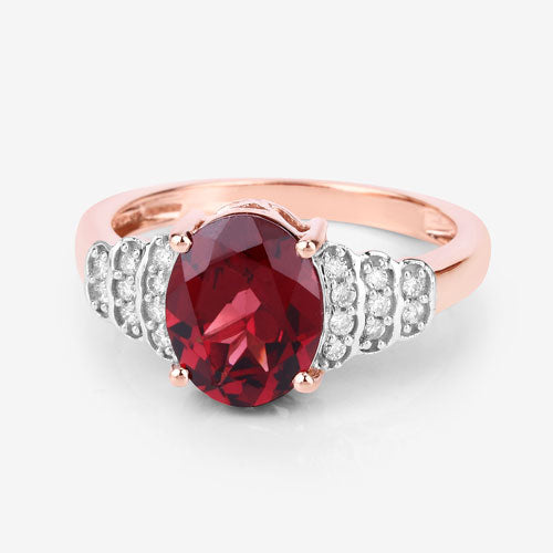 Anillo de oro rosa de 14 quilates con rodolita genuina de 2,87 quilates y diamantes blancos