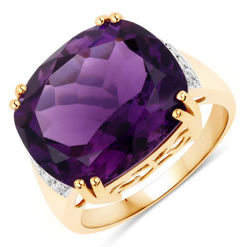 Anillo de oro amarillo de 14K con amatista auténtica de 11,42 quilates y diamantes blancos