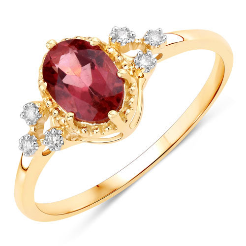 Anillo de oro amarillo de 14K con turmalina rosa natural de 0,81 quilates y diamantes blancos
