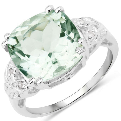 Anillo de plata de ley .925 con amatista verde auténtica de 5,52 quilates y diamantes blancos