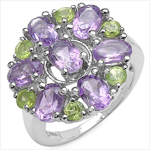 Anillo de plata de ley .925 con amatista y peridoto auténticos de 3,61 quilates