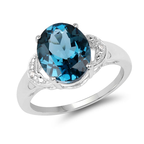 Anillo de Plata Fina .925 con Topacio Azul Londres y Topacio Blanco Genuino de 4.26 Quilates