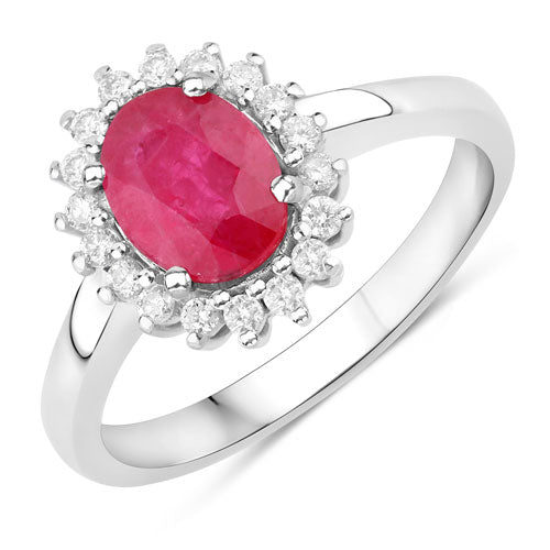 Anillo de oro blanco de 14K con rubí genuino de 1,64 quilates y diamantes blancos