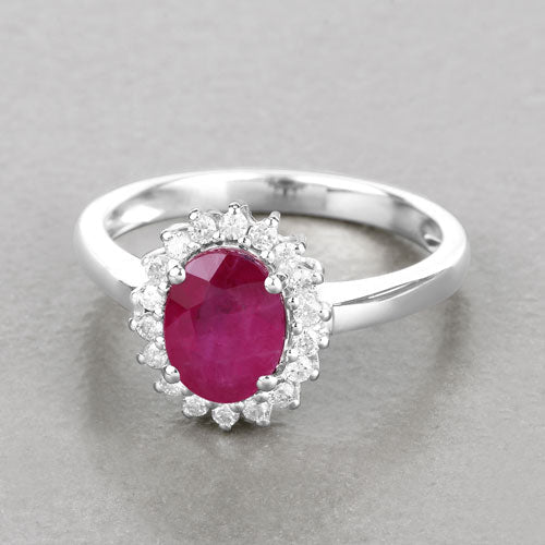 Anillo de oro blanco de 14K con rubí genuino de 1,64 quilates y diamantes blancos