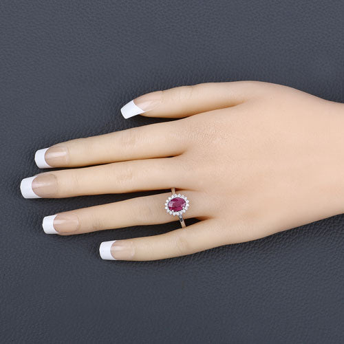 Anillo de oro blanco de 14K con rubí genuino de 1,64 quilates y diamantes blancos