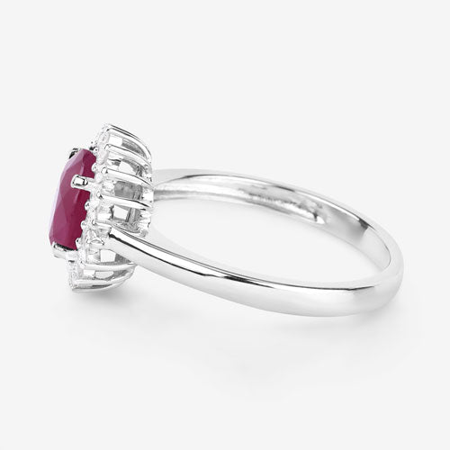 Anillo de oro blanco de 14K con rubí genuino de 1,64 quilates y diamantes blancos