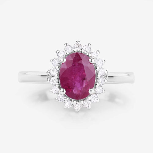 Anillo de oro blanco de 14K con rubí genuino de 1,64 quilates y diamantes blancos