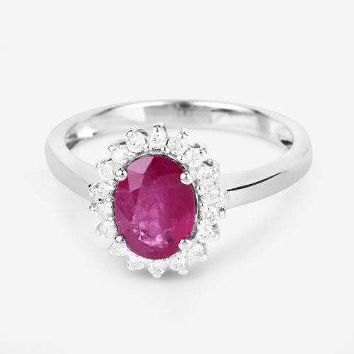 Anillo de oro blanco de 14K con rubí genuino de 1,64 quilates y diamantes blancos