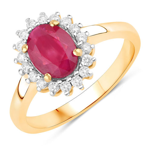 Anillo de oro amarillo de 14K con rubí genuino de 1,64 quilates y diamantes blancos